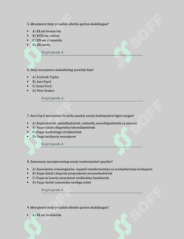 Menejmentning rivojlanish tarixi va hozirgi holati. 100 TA TEST JAVOBLARI BILAN 2
