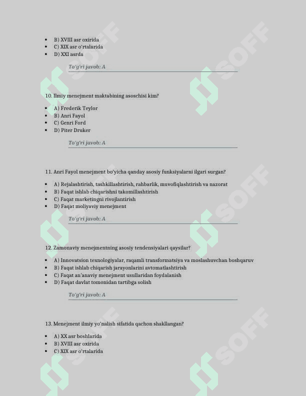 Menejmentning rivojlanish tarixi va hozirgi holati. 100 TA TEST JAVOBLARI BILAN 3