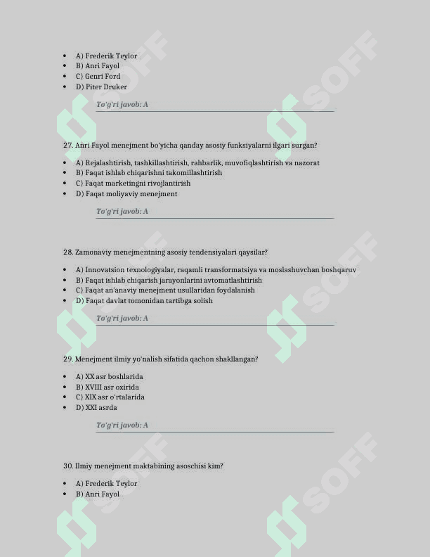 Menejmentning rivojlanish tarixi va hozirgi holati. 100 TA TEST JAVOBLARI BILAN 7