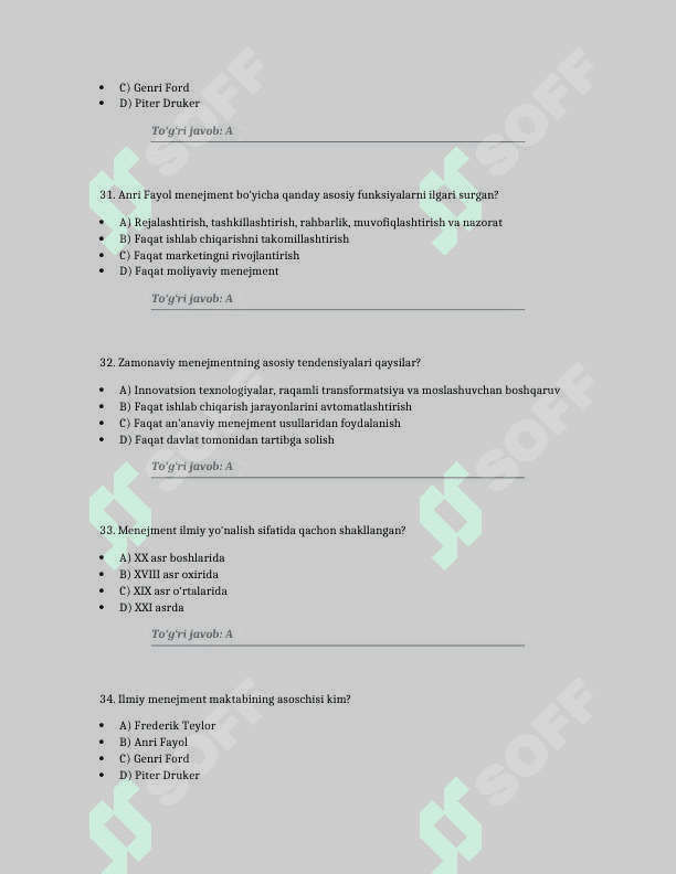 Menejmentning rivojlanish tarixi va hozirgi holati. 100 TA TEST JAVOBLARI BILAN 8