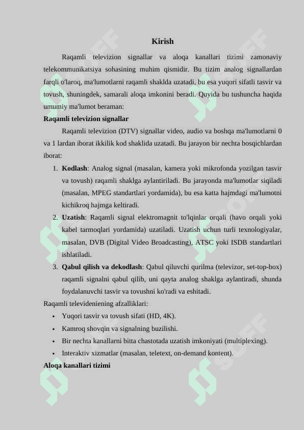 Raqamli televizion signallarni aloqa kanallari tizimi orqali uzatishga bo‘lgan talablar 3