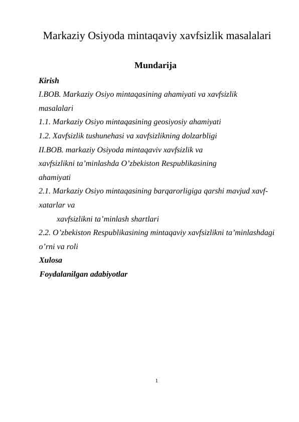 Markaziy Osiyoda mintaqaviy xavfsizlik masalalari KURS ISHI