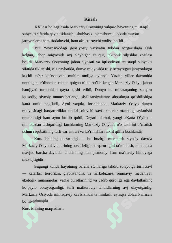 Markaziy Osiyoda mintaqaviy xavfsizlik masalalari KURS ISHI 2