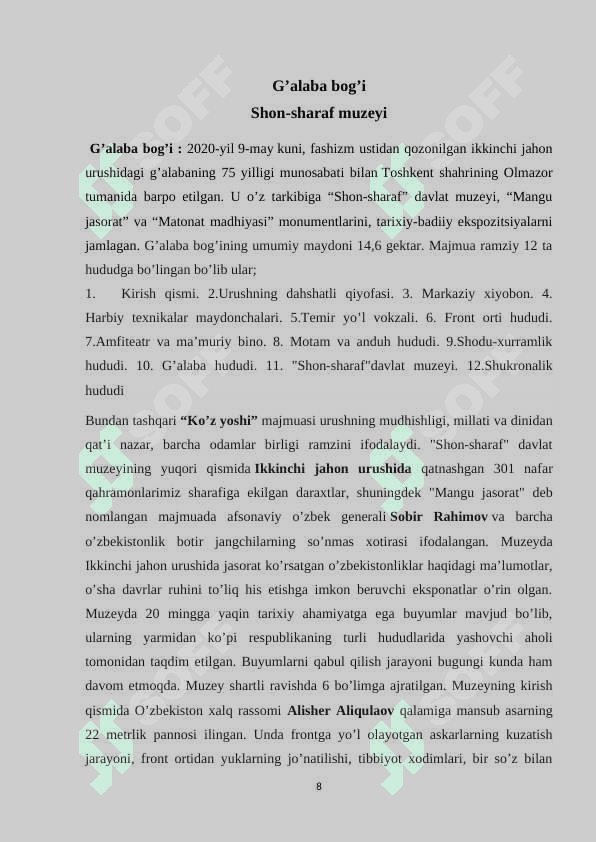 O’zbekiston muzeylari kURS ISHI 8