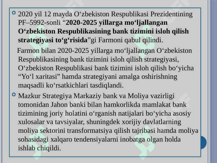 2020-2025 YILLARGA MO‘LJALLANGAN O‘ZBEKISTON RESPUBLIKASINING BANK TIZIMINI ISLOH QILISH 2
