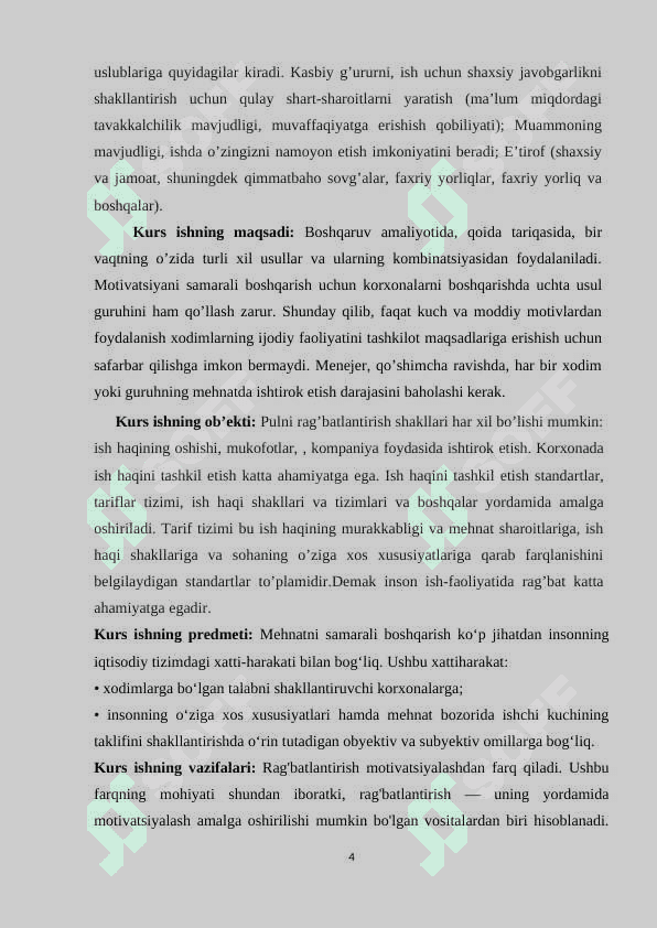 Psixologik xizmatda xodimlarning kasbiy o'sishini va motivatsiyasini boshqarish. Kurs ishi 4