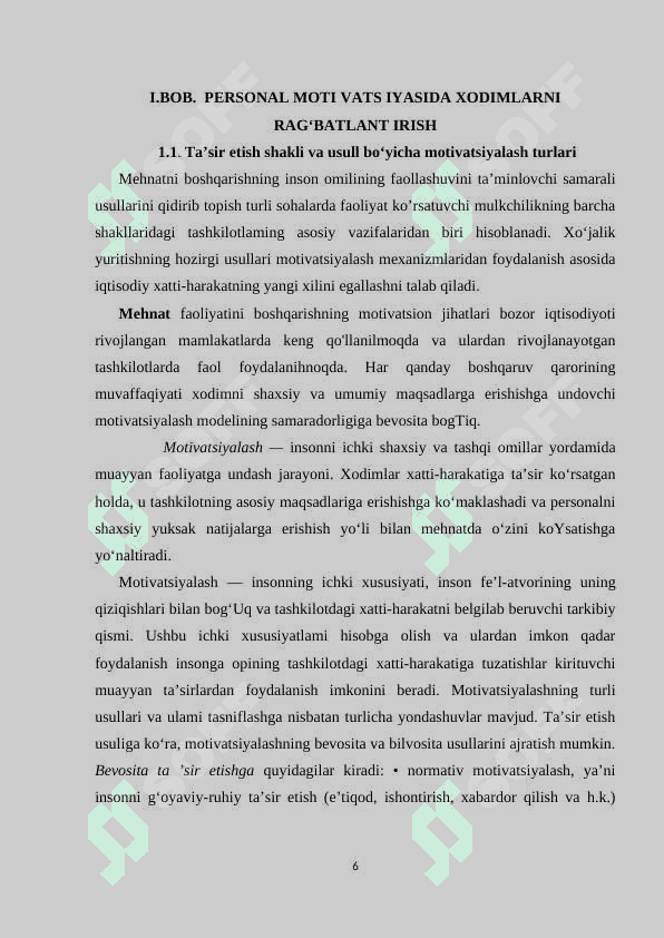 Psixologik xizmatda xodimlarning kasbiy o'sishini va motivatsiyasini boshqarish. Kurs ishi 6