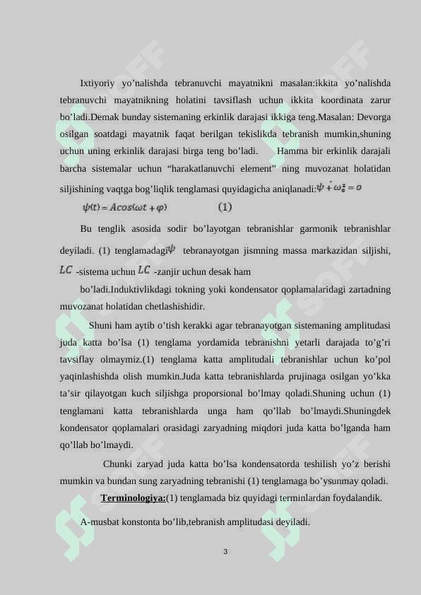 Bir erkinlik darajasiga ega bo’lgan sistemaning 3