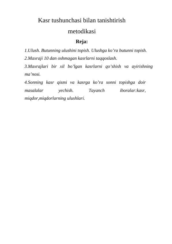 Kasr tushunchasi bilan tanishtirish metodikasi 1