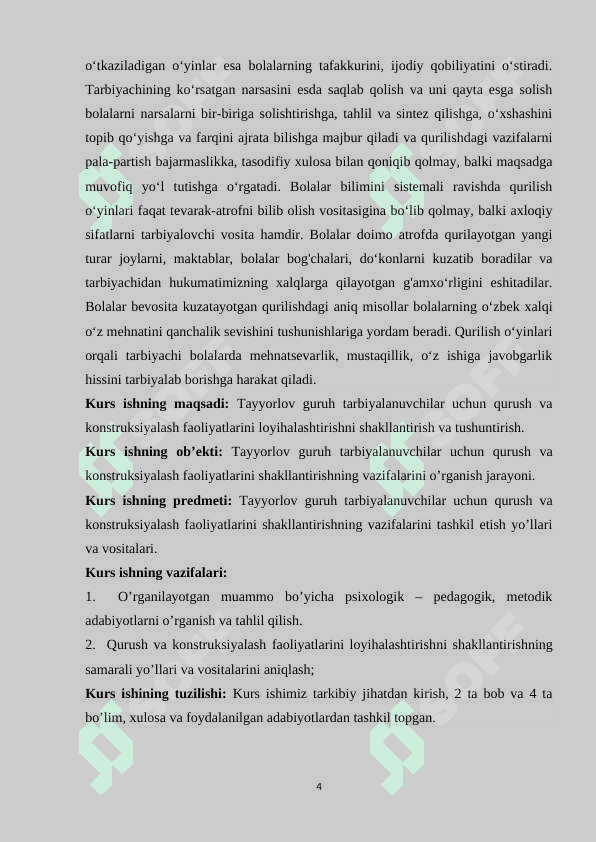 Tayyorlov guruh tarbiyalanuvchilar uchun qurush va konstruksiyalash faoliyatlarini loyihalashtirish 4