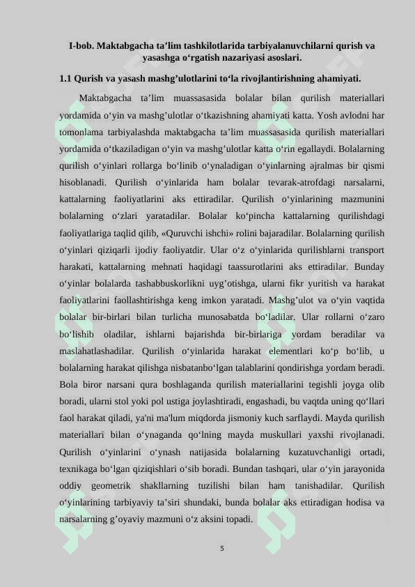 Tayyorlov guruh tarbiyalanuvchilar uchun qurush va konstruksiyalash faoliyatlarini loyihalashtirish 5