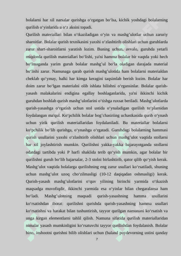 Tayyorlov guruh tarbiyalanuvchilar uchun qurush va konstruksiyalash faoliyatlarini loyihalashtirish 7