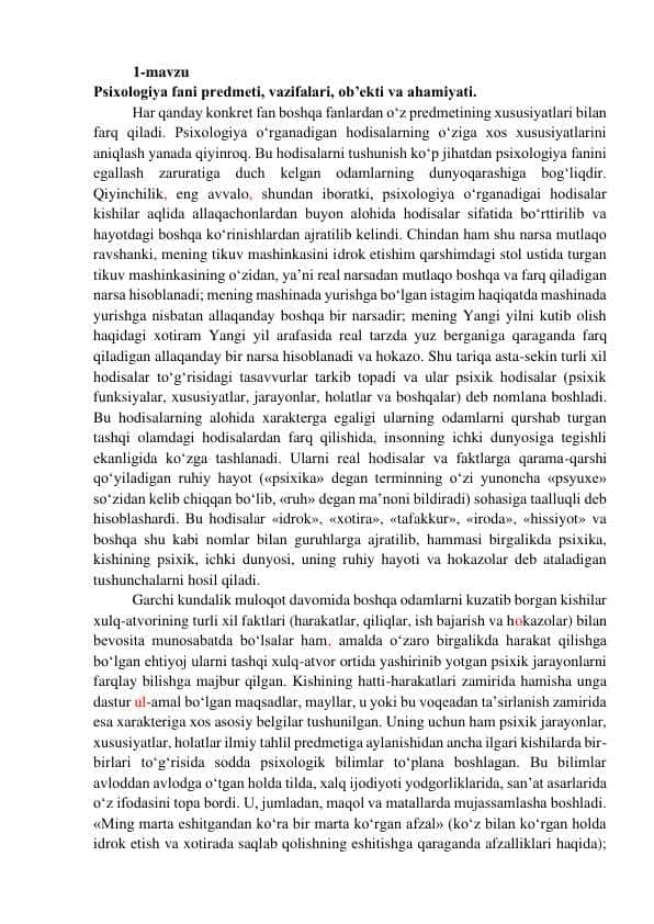 Psixologiya fani predmeti, vazifalari, ob’ekti va ahamiyati