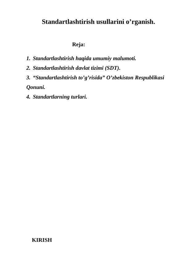 Standartlashtirish usullarini o’rganish. 1