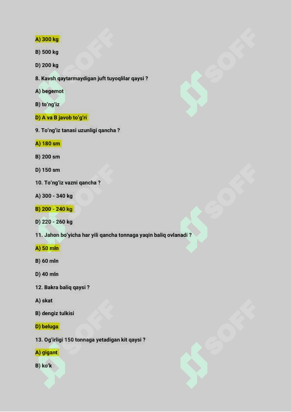 Zoologiya / 7-sinf / test savollari javoblari bilan / 20 ta 2