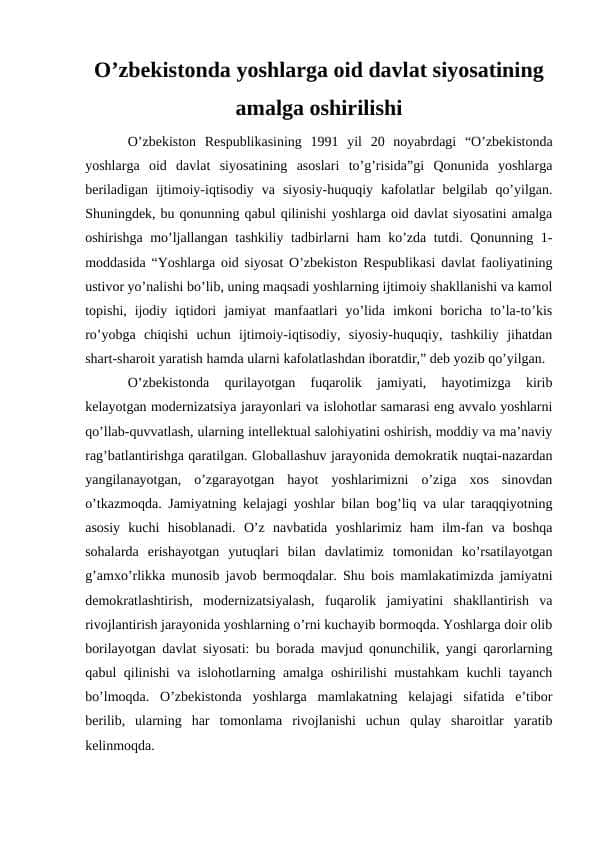 O’zbekistonda yoshlarga oid davlat siyosatining amalga oshirilishi 1