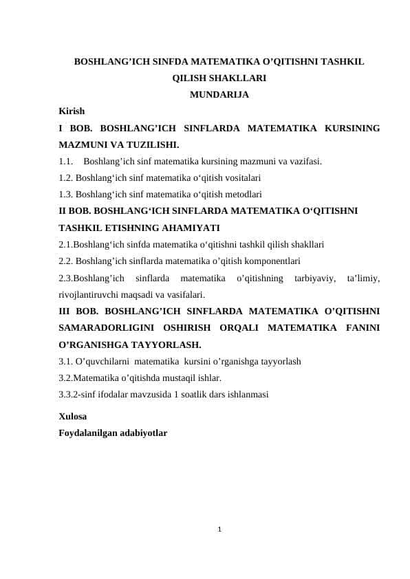 BOSHLANG’ICH SINFDA MATEMATIKA O’QITISHNI TASHKIL QILISH SHAKLLARI