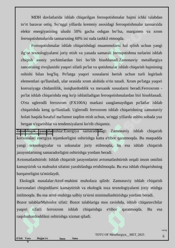 Oʻrta uglerodli ferroxrom (фх100) olish texnologiyasini tanlash va hisoblash 5