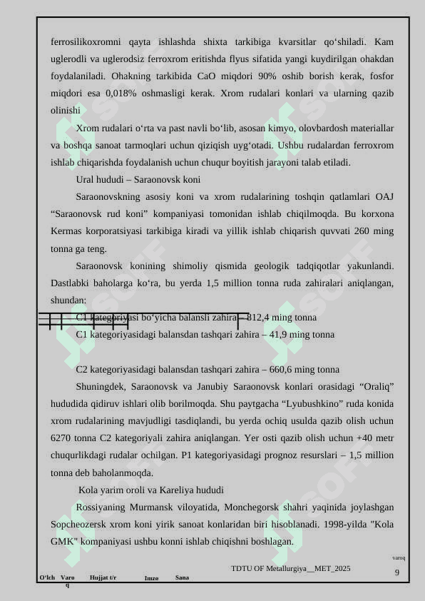 Oʻrta uglerodli ferroxrom (фх100) olish texnologiyasini tanlash va hisoblash 8