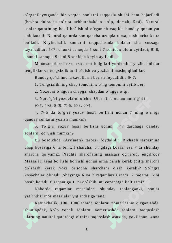 BOSHLANG`ICH SINFLARDA TЕNGLIK, TЕNGSIZLIK VA TЕNGLAMALARNI O`RGATISH 8