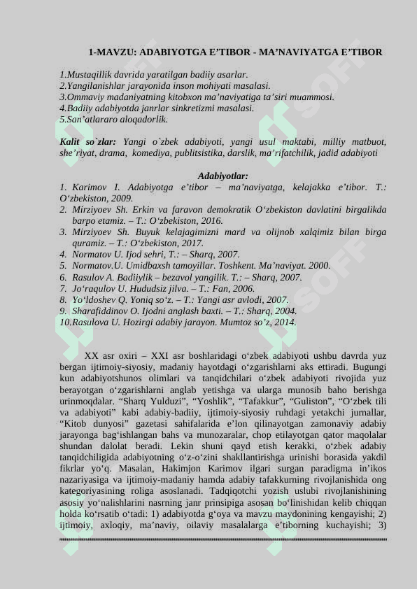 HOZIRGI ADABIY JARAYON VA YANGI O‘ZBEK ADABIYOTI fanidan  O'quv uslubiy majmua 2