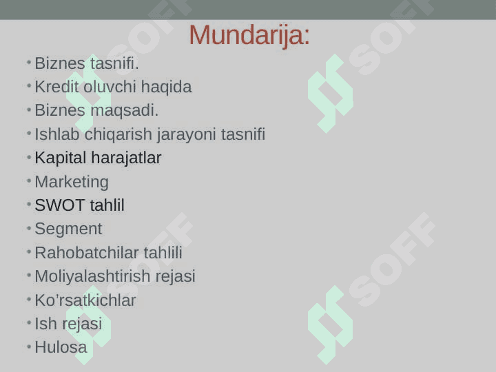 Tozalangan suv ishlab chiqarish bo’yicha biznes reja 2