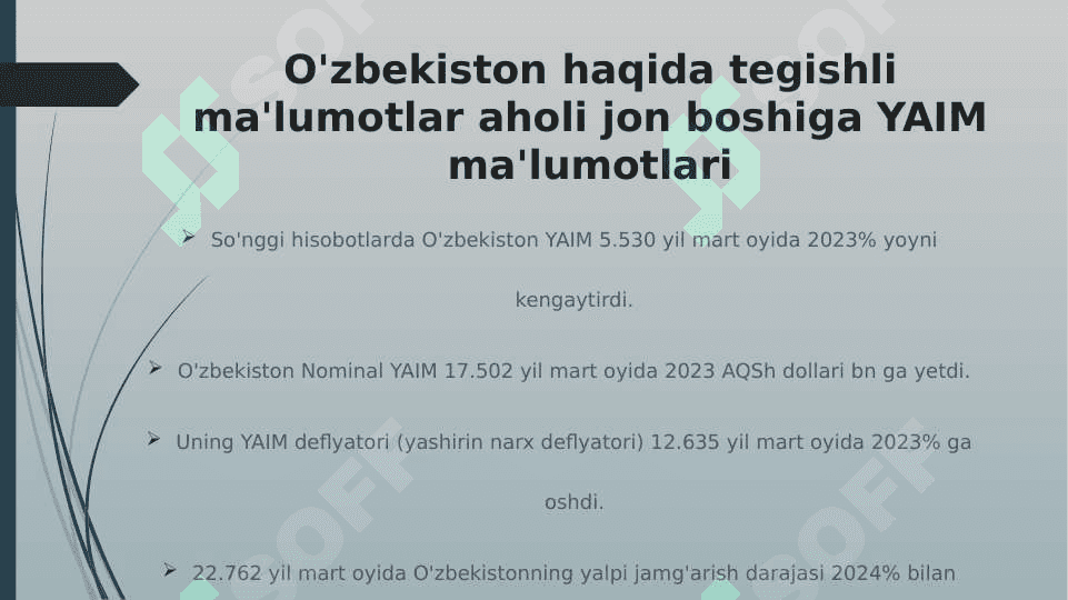 O'zbekiston YaIM aholi jon boshiga 1987 - 2023 | yillik / USD / CEIC ma'lumotlari 2