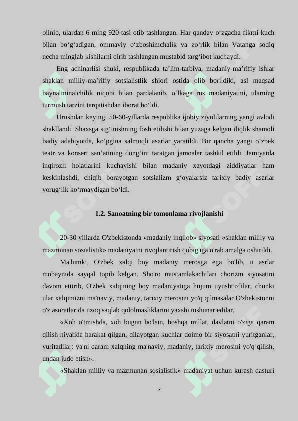 Sovet davrida respublika sanoati taraqqiyotining bir tomonlama rivojlanishi xususiyati 7
