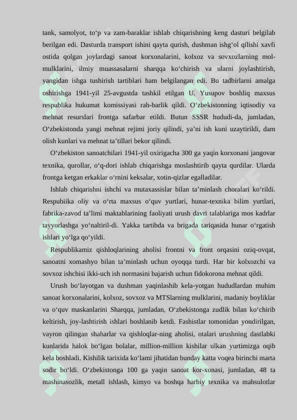 Ikkinchi jahon urushi yillarida O'zbekiston respublikasi ijtimoiy-iqtisodiy salohiyatining fashizmga qarshi safarbar qilinishi 8