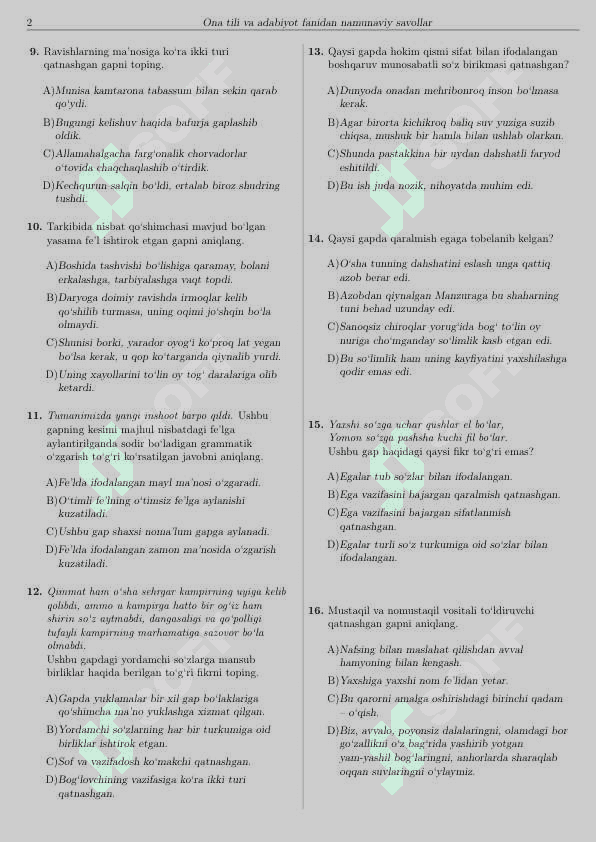 ONA TILI VA ADABIYOT Test 2
