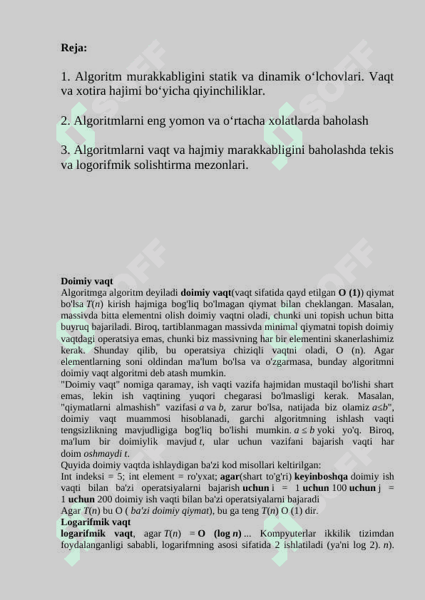 Algoritm murakkabligini statik va dinamik o‘lchovlari. Vaqt va xotira hajmi bo‘yicha qiyinchiliklar 2