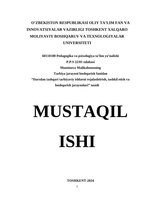 Darsdan tashqari tarbiyaviy ishlarni rejalashtirish, tashkil etish va boshqarish jarayonlari 1