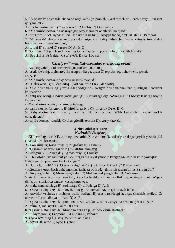 9-sinflar uchun adabiyot fanidan test  savollari javoblari 3