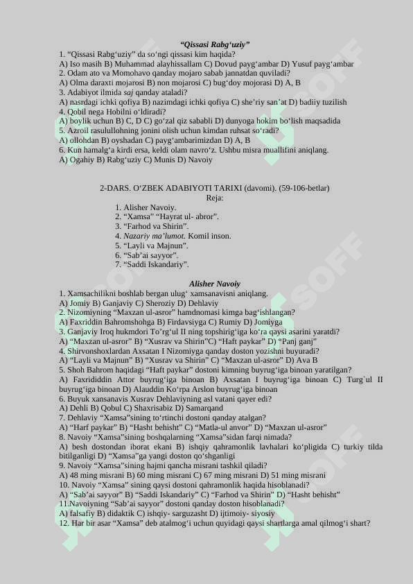 9-sinflar uchun adabiyot fanidan test  savollari javoblari 5
