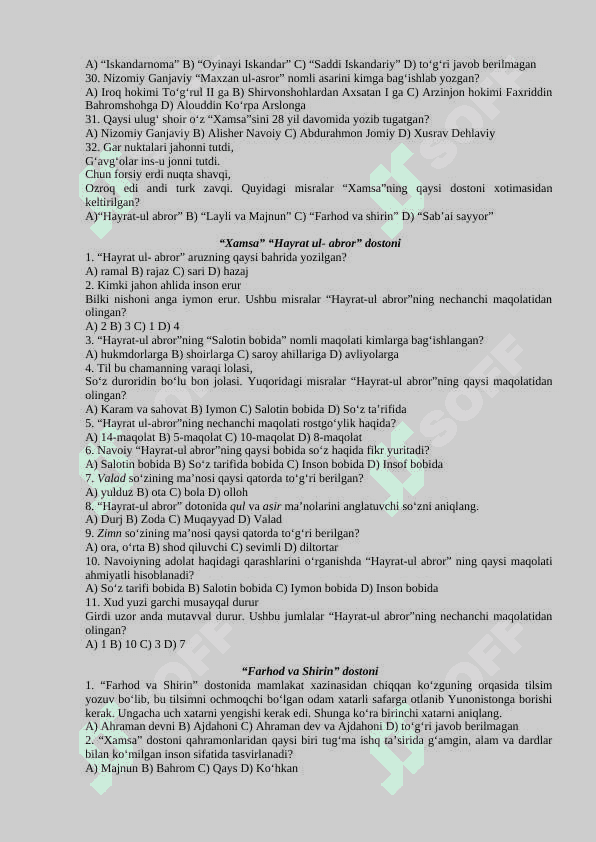 9-sinflar uchun adabiyot fanidan test  savollari javoblari 7
