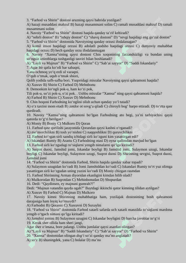 9-sinflar uchun adabiyot fanidan test  savollari javoblari 8