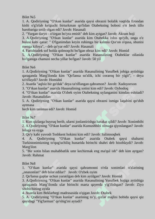 O'tkan kunlar savollar va javoblari 2