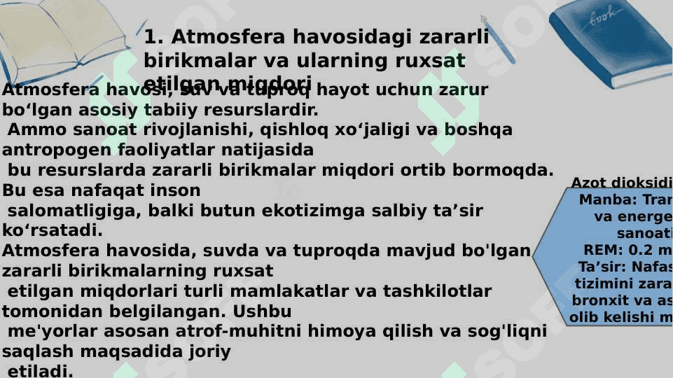 Atmosfera havosi, suv va tuproqda mavjud bolishi mumkin bolgan zararli birikmalar va ularni ruxsat etilgan miqdori 3