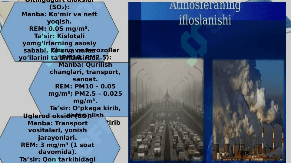 Atmosfera havosi, suv va tuproqda mavjud bolishi mumkin bolgan zararli birikmalar va ularni ruxsat etilgan miqdori 4