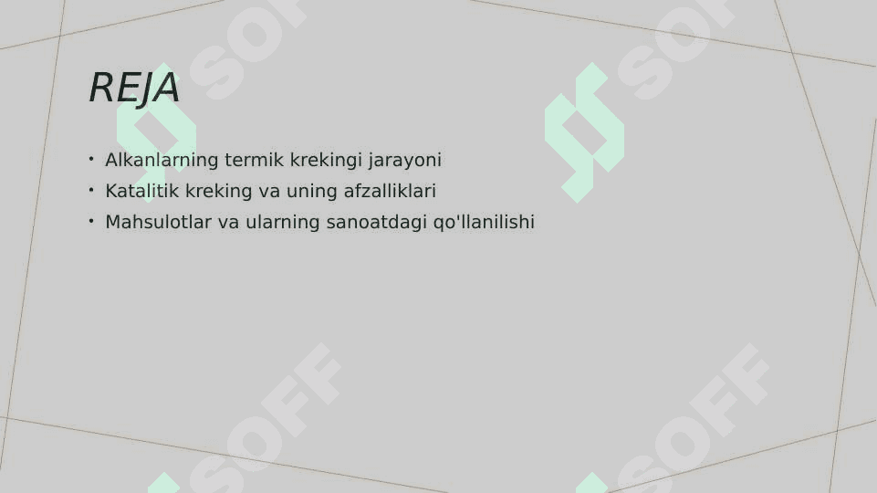 Alkanlarning termik va katalitik krekingi. Alkanlarni kreking qilish asosida sanoat miqyosida mahsulotlarning ishlab chiqarilishi . Olingan mahsulotlarning ishlatilishi 2