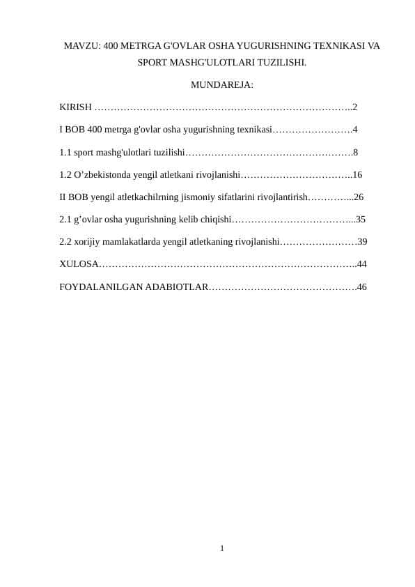 400 METRGA G'OVLAR OSHA YUGURISHNING TEXNIKASI VA SPORT MASHG'ULOTLARI TUZILISHI.