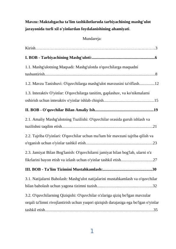 Maktabgacha ta'lim tashkilotlaruda tarbiyachining mashg'ulot jarayonida turli xil o'yinlardan foydalanishining ahamiyati.