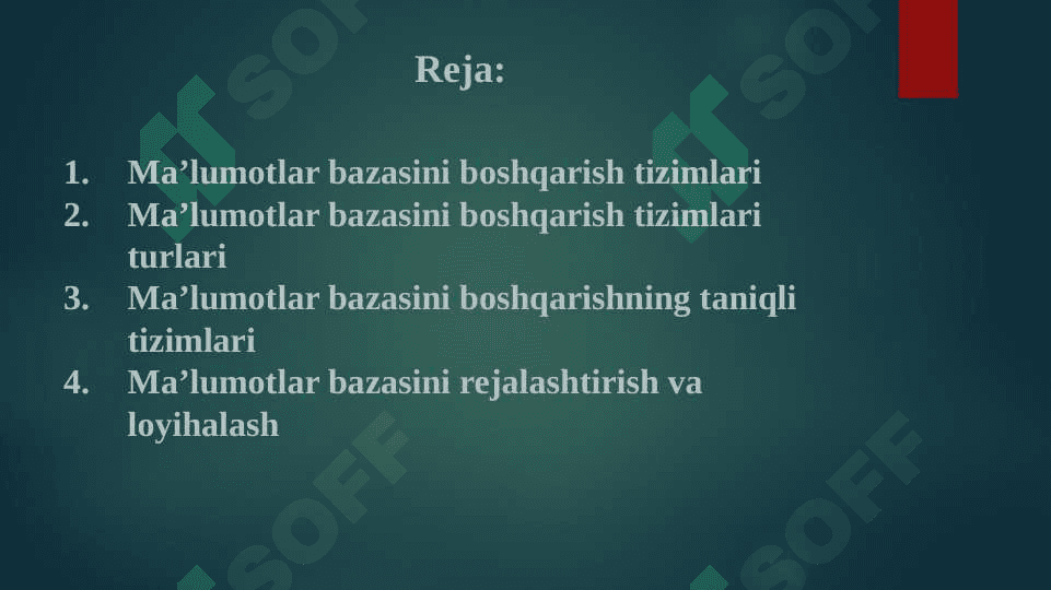 "Ma’lumotlar bazasini boshqarish tizimlari. Ma’lumotlar bazasini rejalashtirish, loyihalash" taqdimot 2