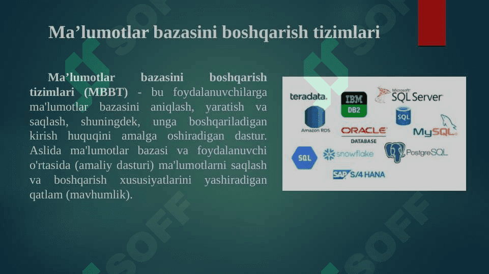 "Ma’lumotlar bazasini boshqarish tizimlari. Ma’lumotlar bazasini rejalashtirish, loyihalash" taqdimot 3