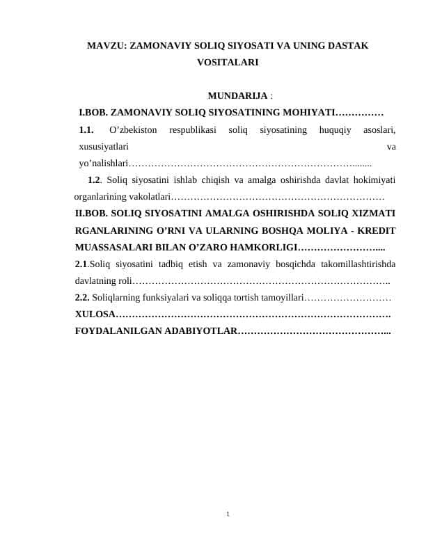 Zamonaviy soliq siyosati va uning dastak vositalari
