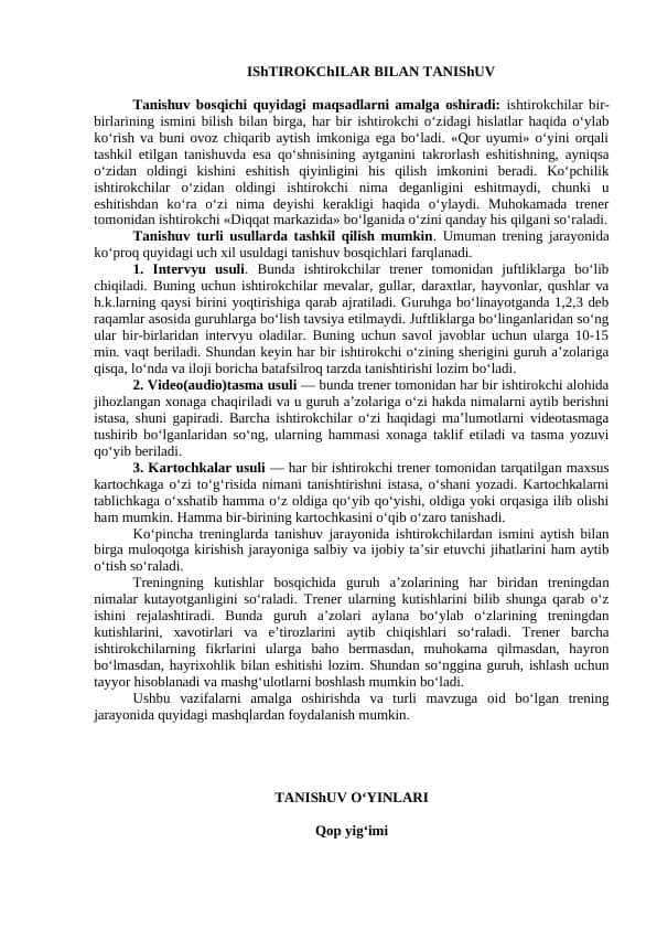 Trening vaqtida o'yinlar 1