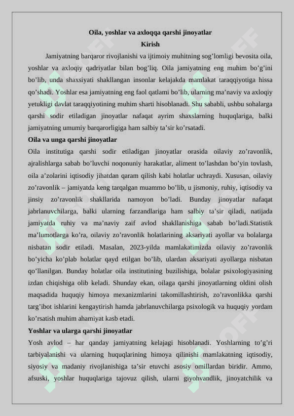 Oilaga, yoshlarga va axloqqa qarshi jinoyatlar 2