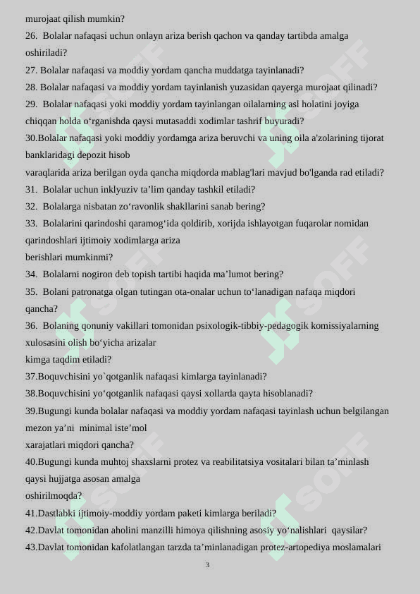 Tuman (shahar)lardagi “Inson” ijtimoiy xizmatlar markazlarida faoliyat yurituvchi xodimlarning bilimini baholash  uchun namunaviy savollari 150 talik 3