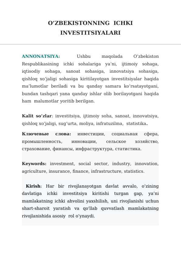 O’ZBEKISTONNING  ICHKI       INVESTITSIYALARI 1