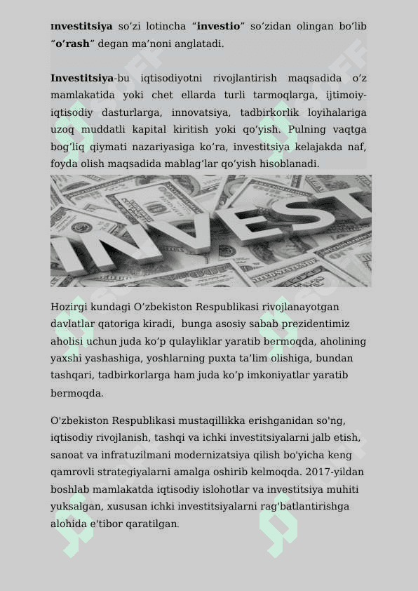 O’ZBEKISTONNING  ICHKI       INVESTITSIYALARI 2
